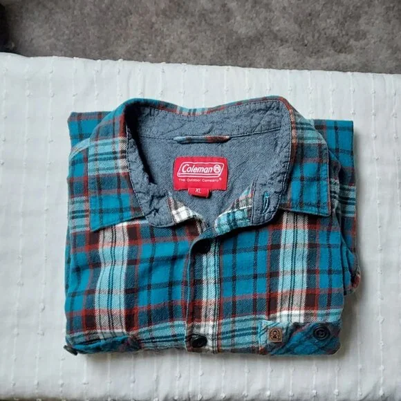 Coleman teal and red plaid flannel shirt - Picture 2 of 7